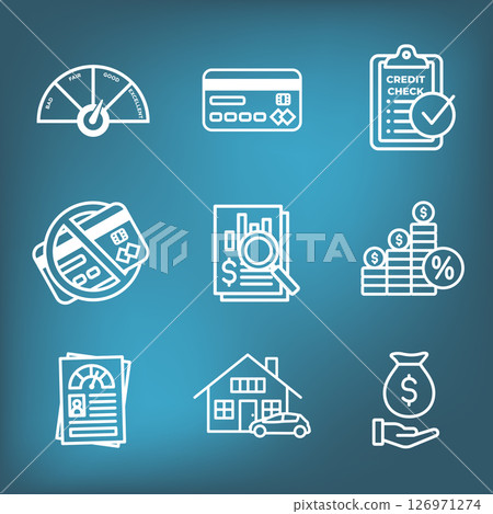 Credit Score and Loans Icon Set with Approved Credit Underwriting Interest Rates Debt Mortgage Refinance Credit Score and Loans Icon Set with Approved Credit Underwriting Interest Rates Debt Mortgage Refinance 126971274