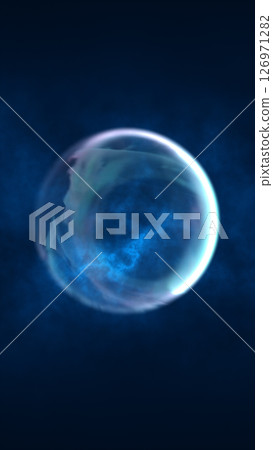Glowing translucent blue sphere floating in deep dark space with ethereal lighting and smoke-like textures around it 126971282