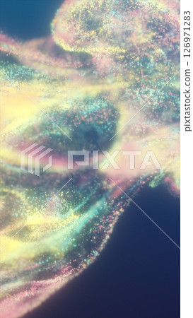 Soft pastel-colored glittery particles flow through a fluid cloud-like motion, evoking an ethereal and dreamy digital atmosphere 126971283