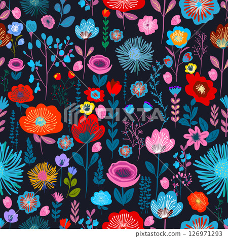 Garden flower, plants , botanical , seamless pattern vector design for fashion, fabric, wallpaper on a dark background. Cute pattern in small flower. Small colorful flowers. hand drawn. Not AI 126971293