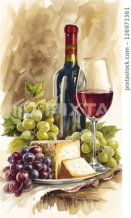 A truly delightful picture of a bottle of wine and cheese with fresh grapes and a tasting glass 126971361