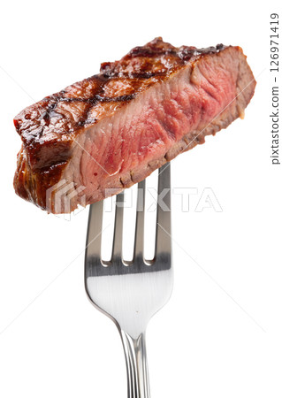 Juicy grilled steak on fork isolated on transparent background, close-up of tender meat, perfect for food ads, recipes, or menus, high-protein meal concept 126971419