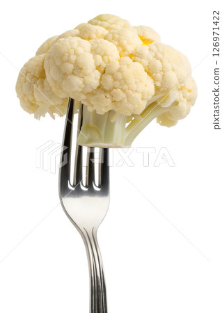 Cauliflower floret on fork ready to eat, isolated on transparent background, healthy vegan side dish, low-carb diet concept, vegetarian food promotion Cauliflower floret on fork ready to eat, isolated on transparent background, healthy vegan side dish, low-carb diet concept, vegetarian food promotion 126971422