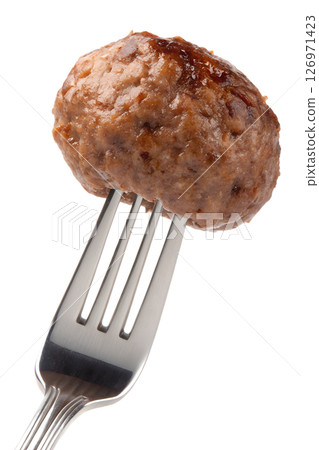 Meatball on fork isolated on transparent background, juicy and tender, italian cuisine, homemade food, close-up shot 126971423