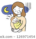 一位母親在夜裡抱著哭鬧的嬰兒，看起來很疲憊 126971454