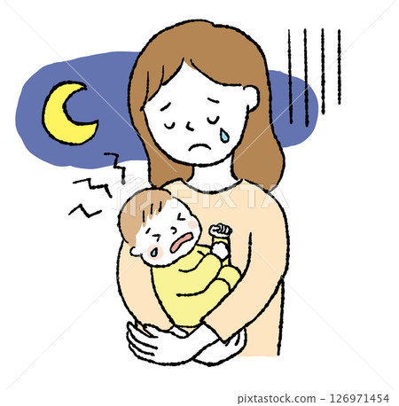 A mother looks tired while holding a crying baby at night A mother looks tired while holding a crying baby at night 126971454