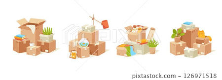 Moving boxes stack. Cardboard box with items. Relocation, packing, logistics, home organization, parcel packing. House move box piles package with stuff. Warehouse supplies. Vector set 126971518