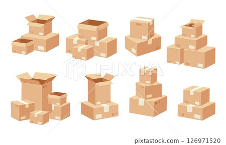 Cardboard box stack. Stacked carton boxes. Packing, moving shipping, transportation parcels. Warehouse parcel pile for cargo. Postal delivery service. Vector set 126971520