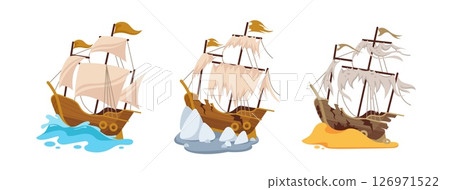 Broken ship. Damaged wooden sail boat. Cartoon abandoned sailing ships on water, on sand in various forms. Shipwreck vintage ship in ocean. Sailboat ragged sails. Vector illustration 126971522