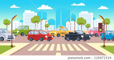 City crossroads with cars. Street traffic scene. Cityscape and vehicle. Urban crossroad with car stopped, moving on street. Sidewalk with building, tree, traffic light. Vector concept 126971524