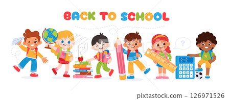 Back to school. Kids school banner. Playful background with happy children with backpacks, school supplies, books, globe, pencils. Educational learning programs, centers. Vector concept 126971526