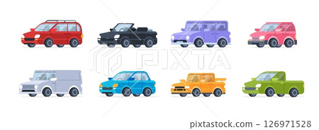 Cartoon cars. Passenger auto vehicles. Modern various transport, classic automobiles, compact hatchbacks, sedan, electric car, SUV, eco car. Car exterior. Car garage service. Vector set 126971528