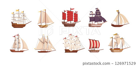 Sail ship. Old wooden boat. Sailing vessel, nautical transport, marine ship, schooner nave, wind-powered boat, sea galleon, schooner, clipper, pirate ship. Seafaring at sea. Vector set Sail ship. Old wooden boat. Sailing vessel, nautical transport, marine ship, schooner nave, wind-powered boat, sea galleon, schooner, clipper, pirate ship. Seafaring at sea. Vector set 126971529