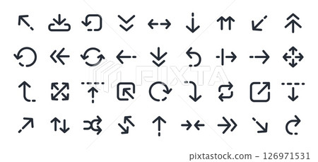 Linear arrow. Line minimalist arrows. Outline elements for UX UI interface, infographics. Arrow icon, direction symbols, Right, left, up, down, circular, rotation arrows. Vector set Linear arrow. Line minimalist arrows. Outline elements for UX UI interface, infographics. Arrow icon, direction symbols, Right, left, up, down, circular, rotation arrows. Vector set 126971531