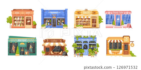 Cartoon store. Shops exteriors. Local shop building. Grocery, bakery cafe, boutique, florist bookshop, pharmacy, coffee beauty salon facade. Supermarket front vector collection Cartoon store. Shops exteriors. Local shop building. Grocery, bakery cafe, boutique, florist bookshop, pharmacy, coffee beauty salon facade. Supermarket front vector collection 126971532