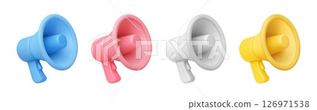 3D megaphone. Realistic loudspeakers, bullhorn. Blue and pink, white and yellow speaker. Announcement, alert and media promotion symbol. Advertising and campaign vector megaphones icons 126971538