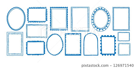 Doodle frame. Hand drawn border. Minimal freehand stroke wavy square, rectangle, circle, arch, oval shapes frames. Marine curved, striped borders. Vector set 126971540