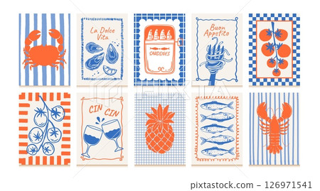 Food posters. Hand drawn kitchen frame banner. Food and drinks compositions with fruit, fish, wine, vegetables, sardines for cafe menu. La dolce vita decor. Vector set Food posters. Hand drawn kitchen frame banner. Food and drinks compositions with fruit, fish, wine, vegetables, sardines for cafe menu. La dolce vita decor. Vector set 126971541