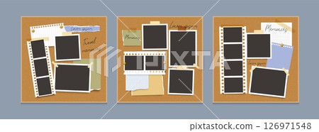 Photo frame. Empty blank frames collage. Picture mood board template. Multiple photo placeholder, notice, paper sheet, tape, text, sticker. Family memories vector concept 126971548
