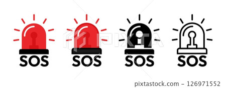 SOS. Emergency sign. Siren icon. Alert and warning signal. Simple flat danger, need for help symbol. Safety, medical first aid, urgent signal icons. Vector set 126971552