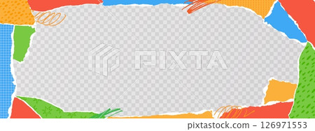 Torn paper collage banner. Colorful paper pieces background. Ripped paper edges with layered textures. Kraft scrap, handcrafted pattern. Vintage collage art frame. Vector concept Torn paper collage banner. Colorful paper pieces background. Ripped paper edges with layered textures. Kraft scrap, handcrafted pattern. Vintage collage art frame. Vector concept 126971553