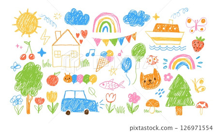 Kids doodle. Children simple colorful drawing. Hand drawn kid chalk scribble elements, pencil character, crayon sun, rainbow, trees, house, cloud, animals. Sketch vector set Kids doodle. Children simple colorful drawing. Hand drawn kid chalk scribble elements, pencil character, crayon sun, rainbow, trees, house, cloud, animals. Sketch vector set 126971554