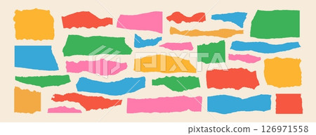 Torn paper banners. Colorful ripped paper frame. Collage craft shape and torned sheets. Ripped edge borders for scrapbook, design layouts. Vector textures silhouettes background 126971558