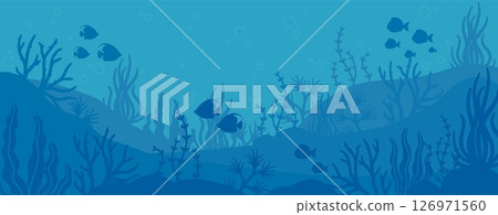 Ocean underwater background. Sea floor scene. Marine blue bottom with fish, plant, algae, reef, coral in depth water. Undersea wildlife silhouette. Vector seascape aquatic backdrop 126971560