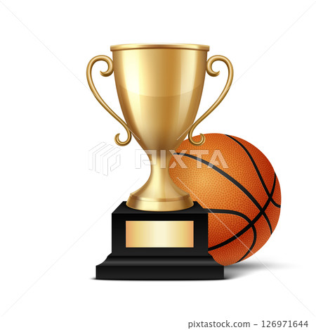 Realistic 3d Basketball Championship Trophy, Vector Illustration. Golden Winner Cup and Basketball Ball. Sports Award, Victory Symbol. Competition, League, Team Achievement, Sport Event Concept 126971644