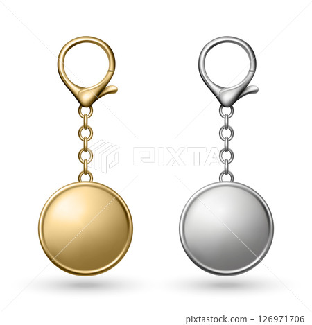 Vector Gold and Silver Keychain Icon Set, Isolated. Realistic Round Keychain Design for Branding. Blank Keychain Mockup for Logo. Luxury Metallic Keychain Template for Custom Accessory Design 126971706