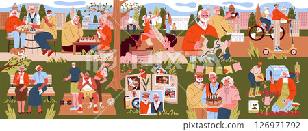 Illustration of seniors engaging in various outdoor activities in a park setting. Includes scenes of dining, cycling, gardening, and celebrating, capturing the joy and vitality of active senior life. 126971792