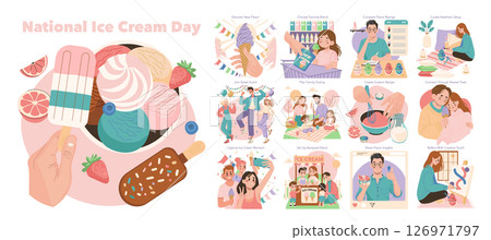 National Ice Cream Day vector illustration featuring fun activities like trying new flavors, family outings, and creative recipes. People enjoy ice cream and express joy and relaxation. National Ice Cream Day vector illustration featuring fun activities like trying new flavors, family outings, and creative recipes. People enjoy ice cream and express joy and relaxation. 126971797
