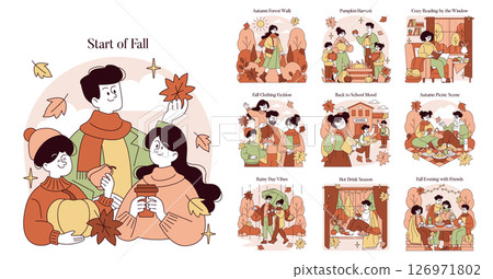 A series of vector illustrations depicting various fall activities. Scenes include autumn walks, pumpkin harvest, cozy reading with hot drinks, and enjoying time with friends and family. 126971802