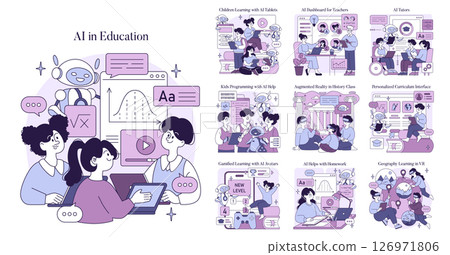 Vector illustration showcasing AI integration in education with diverse learning environments. Features virtual reality, personalized learning, interactive tools, and AI-assisted teaching methods. 126971806