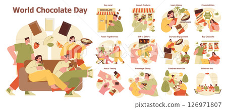 Vector illustration depicting World Chocolate Day activities. People enjoy tasting, gifting, and learning about chocolate in various fun and engaging scenarios, celebrating joy and togetherness. 126971807