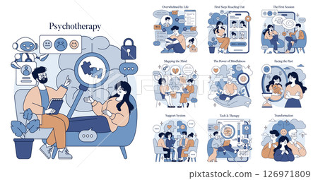 Vector illustration depicting various aspects of psychotherapy, including counseling, mindfulness, overcoming challenges, and personal growth, with engaging visual elements. Vector illustration depicting various aspects of psychotherapy, including counseling, mindfulness, overcoming challenges, and personal growth, with engaging visual elements. 126971809