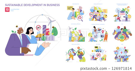 Set of vector illustrations depicting sustainable development in business. Includes concepts like reducing emissions, ESG, and circular economy. Ideal for educational and corporate use. 126971814