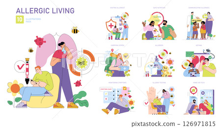 Allergy Living pack features 10 vector illustrations depicting various aspects of allergy management, from carrying EpiPens to consulting allergists. Perfect for educational and medical content. 126971815