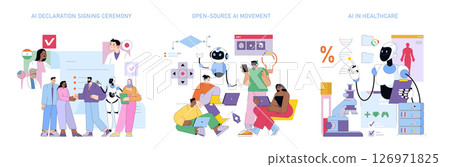 Vector illustration of an AI declaration signing ceremony, people collaborating in open-source AI development, and AI application in healthcare with a humanoid robot assisting. 126971825