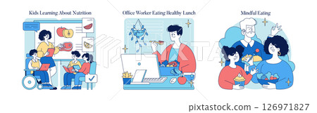 Vector illustration shows children engaged in nutrition learning, an office worker eating a healthy lunch at a desk, and a group sharing a mindful eating moment with positive emotions. 126971827