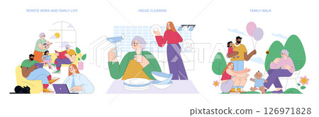 Vector illustration depicting remote work life at home, house cleaning, and a family walk outdoors. Emphasizes daily activities and family interactions in various settings. 126971828