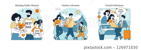 Three vector illustrations show a family in matching outfits, a group enjoying a hiking adventure in nature, and a virtual Father's Day celebration. Highlighting family bonding, outdoor activity, and 126971830