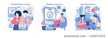Vector illustration showing people using wearable wellness gadgets, engaging with a mindfulness app, and enjoying a digital detox retreat. Focus on technology and mental health. 126971835