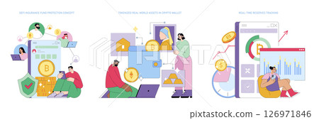 Vector illustration depicting DeFi insurance protection with diverse individuals interacting through digital platforms, emphasizing blockchain security and community collaboration. 126971846