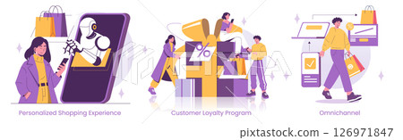 Vector illustration depicting personalized shopping with a robot assistant, customer loyalty programs, and omnichannel retail strategies. Features people interacting with technology and rewards. 126971847
