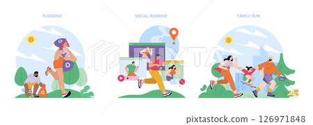World Running Day set. Plogging, social running, and family run unite people of all ages outdoors, caring for the environment, exercising together, and connecting globally. Vector illustration. 126971848
