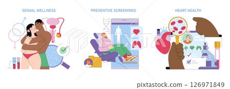 A vibrant illustration highlighting the importance of sexual wellness, screenings, and heart health awareness A vibrant illustration highlighting the importance of sexual wellness, screenings, and heart health awareness 126971849