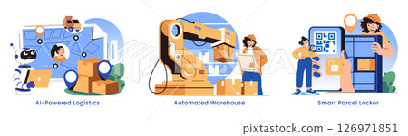 Future Of Delivery set. AI logistics, automated warehouses, and smart parcel locker solutions transform parcel distribution and streamline last-mile delivery with advanced technology. Vector 126971851