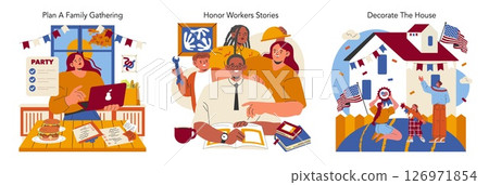 Labor Day celebration set. Planning family gatherings, honoring worker stories, and decorating the house in patriotic themes. Illustrates diverse Labor Day activities. Vector illustration. Labor Day celebration set. Planning family gatherings, honoring worker stories, and decorating the house in patriotic themes. Illustrates diverse Labor Day activities. Vector illustration. 126971854