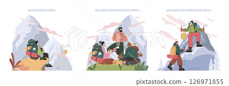 Mountain Tourism set. Adventurers explore mountains through solo hiking, group mindfulness trails, and peaceful outdoor yoga, enjoying scenic views, nature tranquility, and healthy outdoor activities Mountain Tourism set. Adventurers explore mountains through solo hiking, group mindfulness trails, and peaceful outdoor yoga, enjoying scenic views, nature tranquility, and healthy outdoor activities 126971855